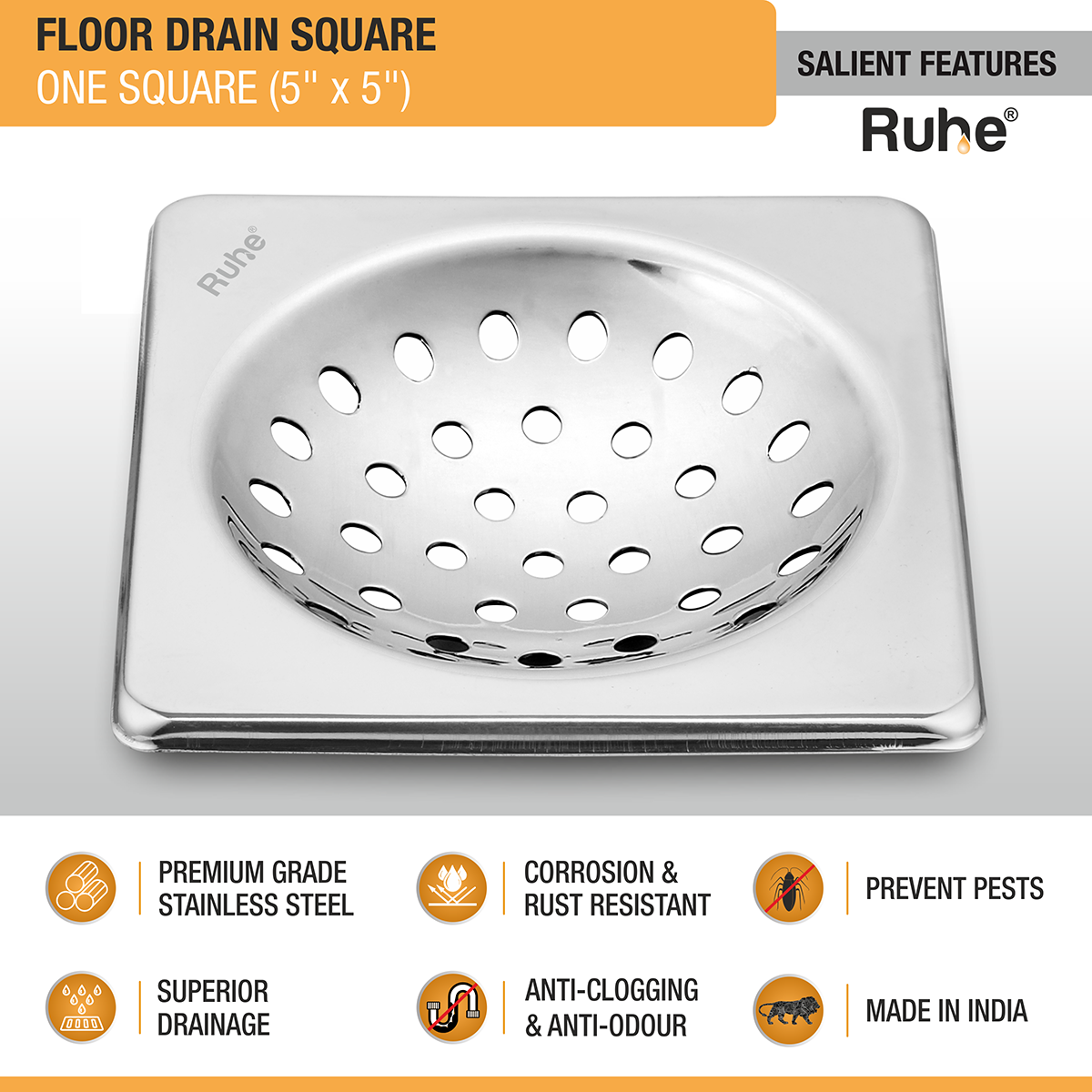 One Square with Collar Floor Drain (5 x 5 inches) (Pack of 2) - by Ruhe®