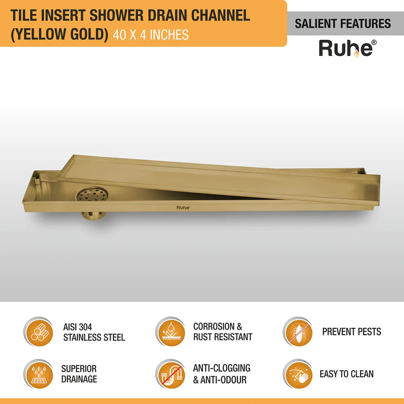 Tile Insert Shower Drain Channel (40 x 4 Inches) YELLOW GOLD PVD Coated - by Ruhe