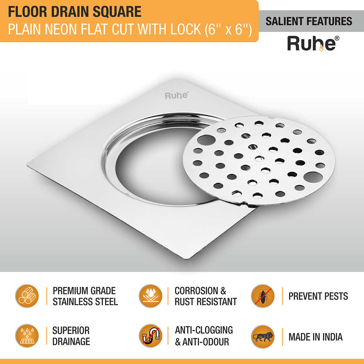 Plain Neon Square Flat Cut Floor Drain (6 x 6 inches) with Lock - by Ruhe®