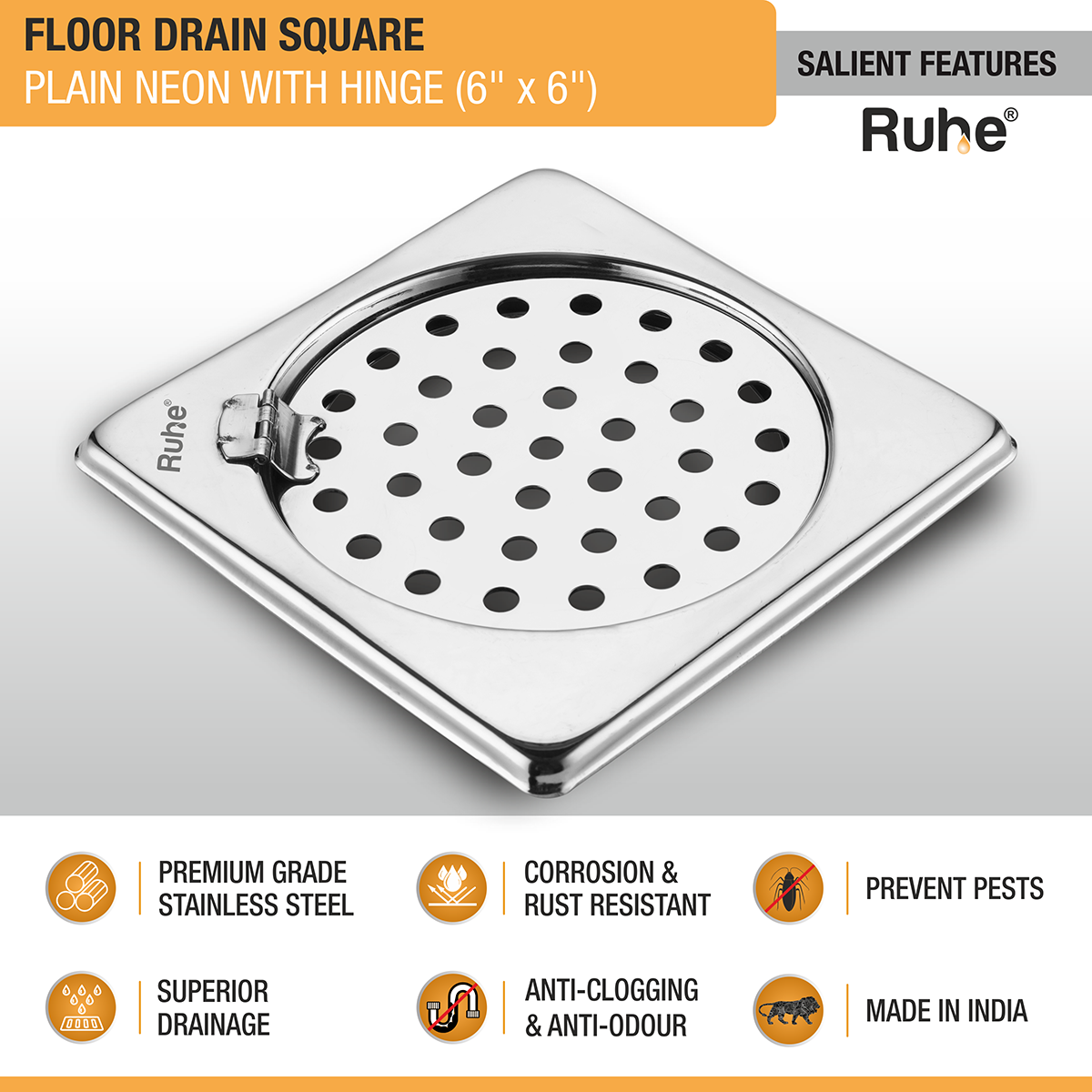 Plain Neon Square Floor Drain (6 x 6 inches) with Hinged Grating Top - by Ruhe®