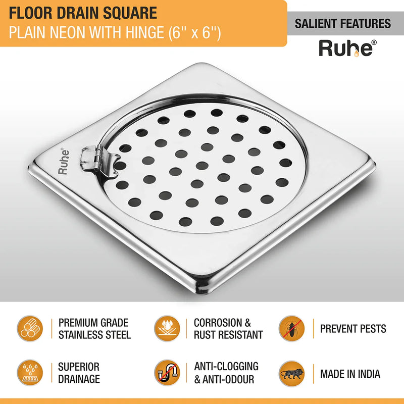 Plain Neon Square Floor Drain (6 x 6 inches) with Hinged Grating Top - by Ruhe