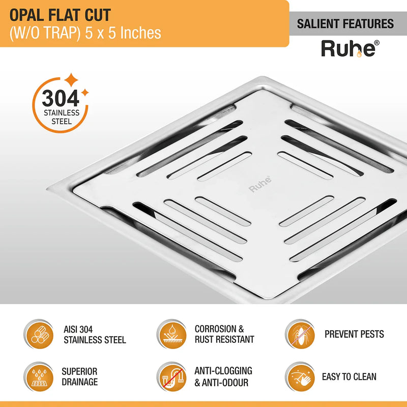 Opal Square Flat Cut 304-Grade Floor Drain (5 x 5 Inches) - by Ruhe