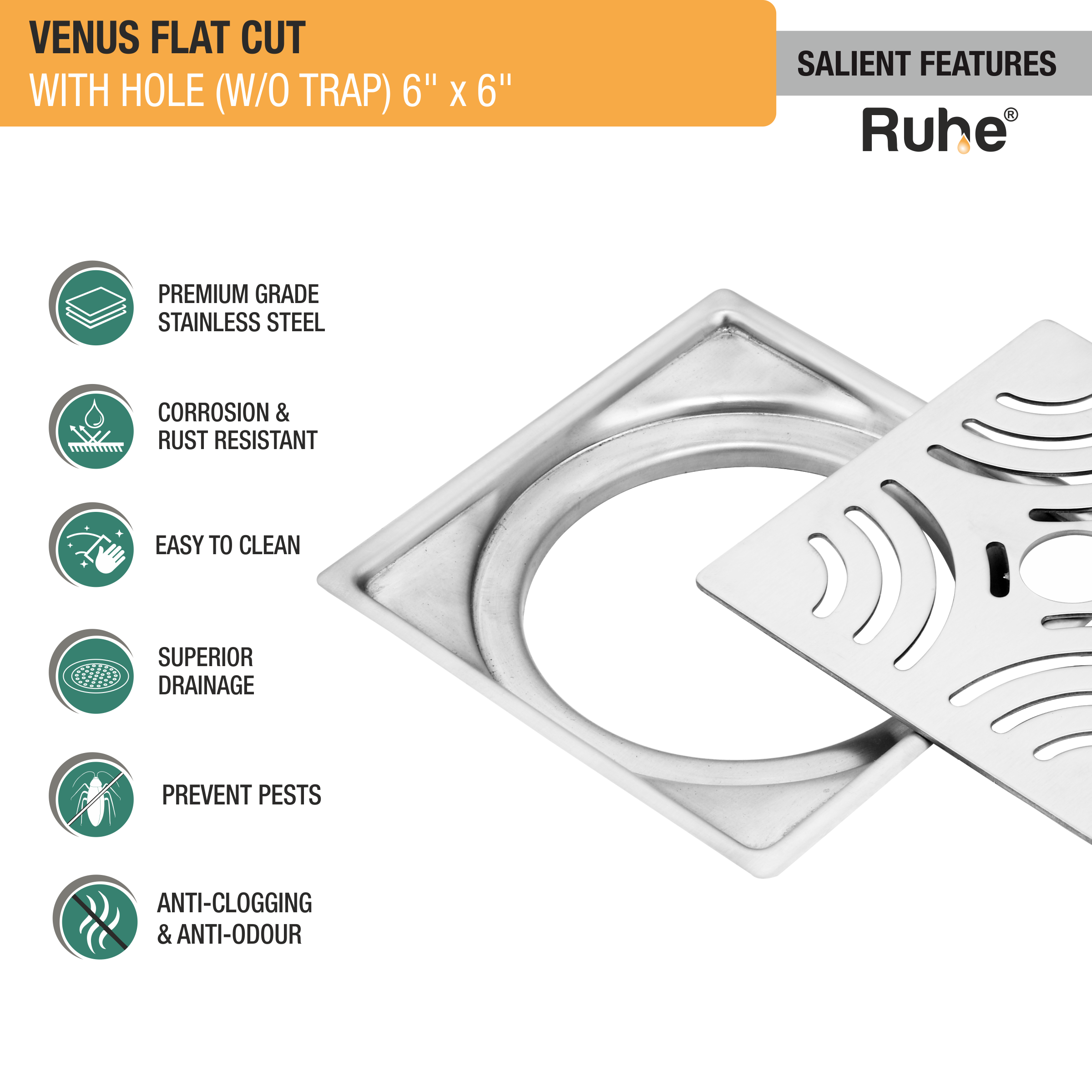 Venus Square Premium Flat Cut Floor Drain (6 x 6 Inches) with Hole features