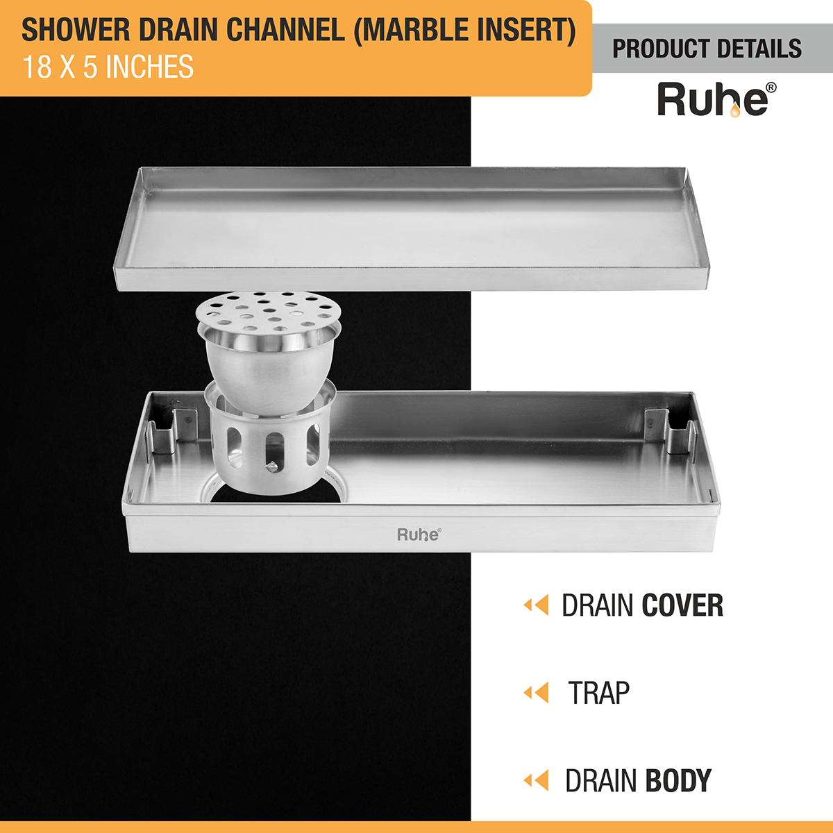 Marble Insert Shower Drain Channel (18 x 5 Inches) with Cockroach Trap (304 Grade) - by Ruhe®