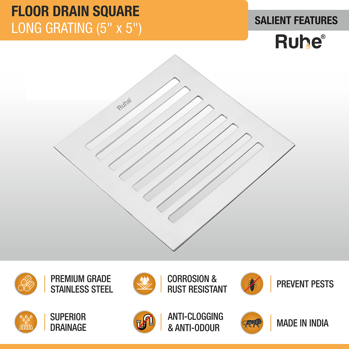 Long Grating Floor Drain (5 x 5 inches) - by Ruhe