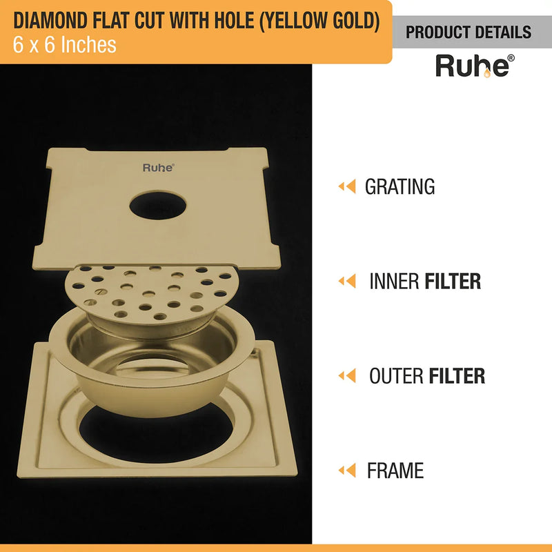 Diamond Square Flat Cut Floor Drain in Yellow Gold PVD Coating (6 x 6 Inches) with Hole - by Ruhe