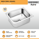 Square Single Bowl (21 x 18 x 8 inches) 304-Grade Kitchen Sink features and benefits
