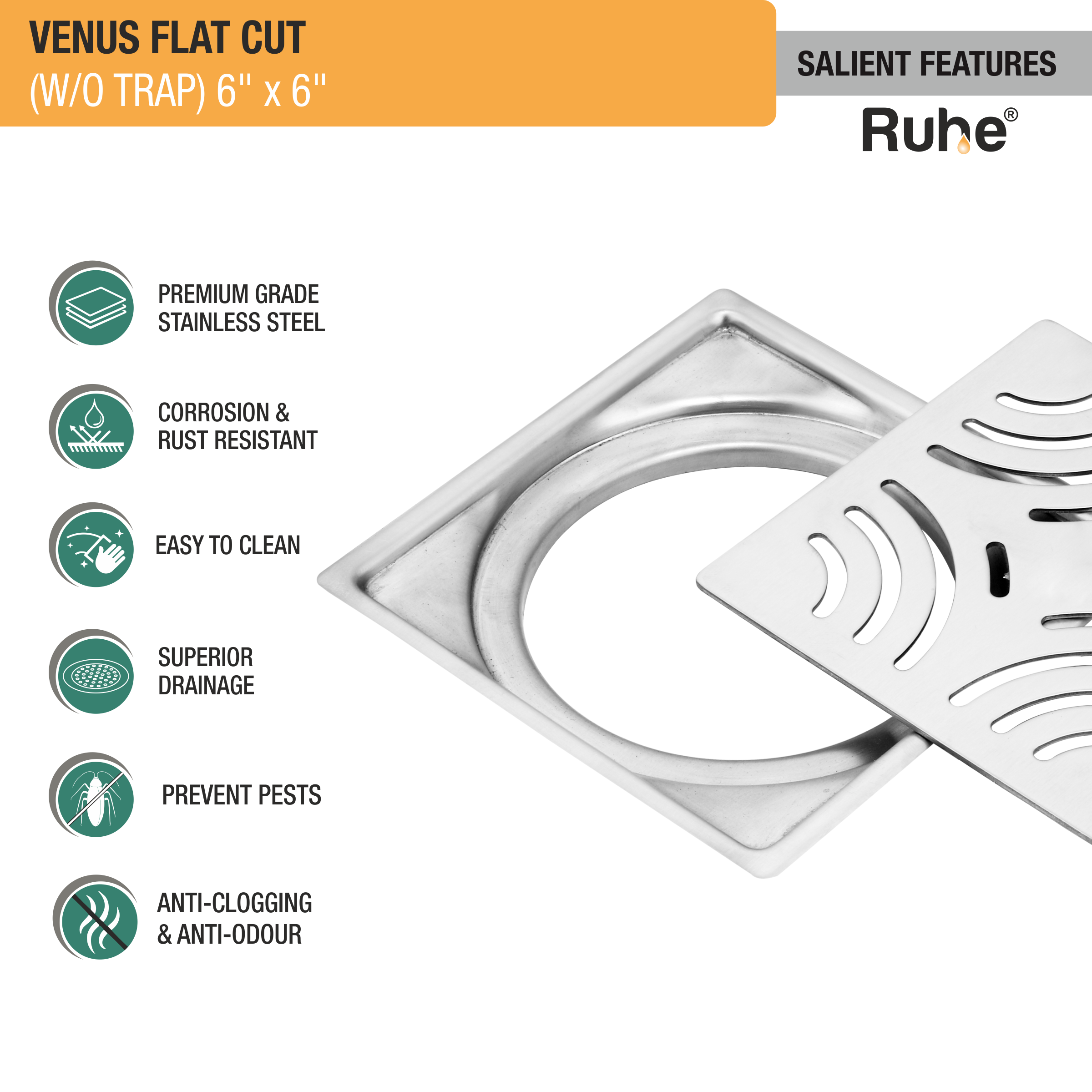 Venus Square Premium Flat Cut Floor Drain (6 x 6 Inches) features