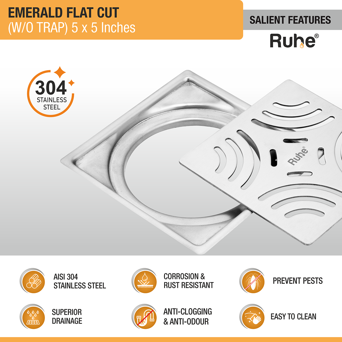 Emerald Square Flat Cut 304-Grade Floor Drain (5 x 5 Inches) - by Ruhe®