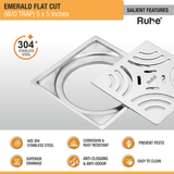 Emerald Square Flat Cut 304-Grade Floor Drain (5 x 5 Inches) features and benefits