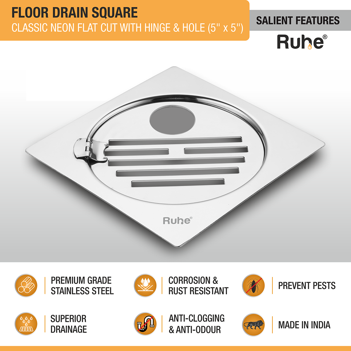 Classic Neon Square Flat Cut Floor Drain (5 x 5 inches) with Hole and Hinged Grating Top - by Ruhe