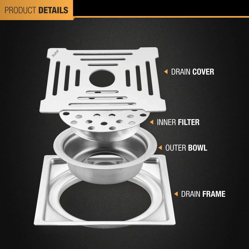 Opal Square Flat Cut 304-Grade Floor Drain with Hole & Cockroach Trap (6 x 6 Inches) - by Ruhe