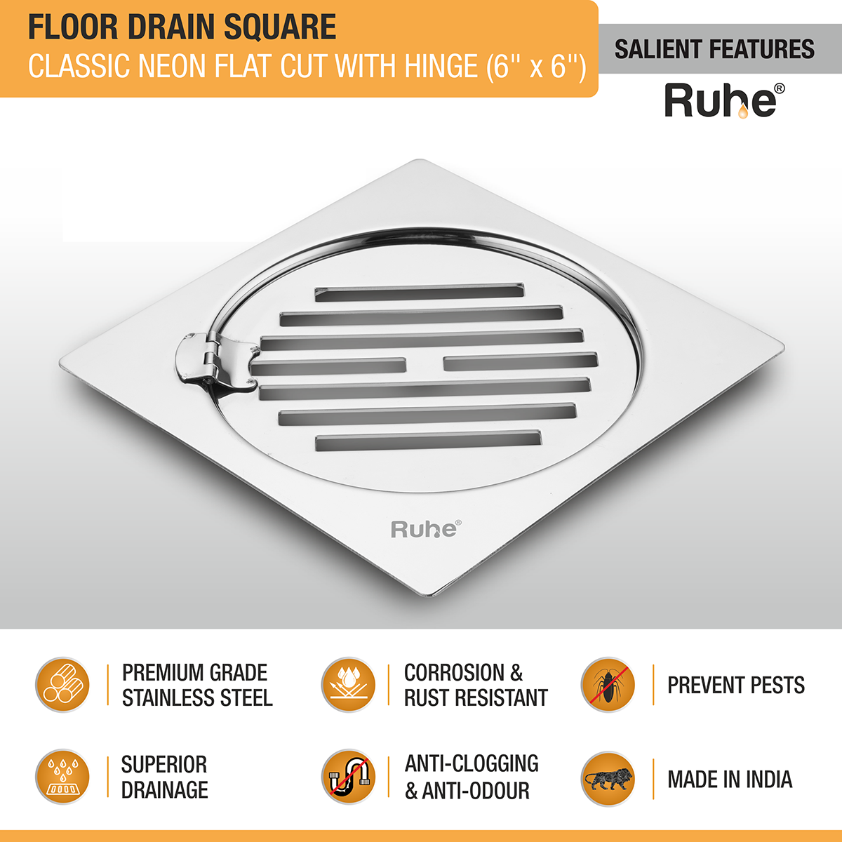 Classic Neon Square Flat Cut Floor Drain (6 x 6 inches) with Hinged Grating Top - by Ruhe®