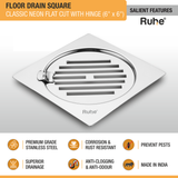 Classic Neon Square Flat Cut Floor Drain (6 x 6 inches) with Hinged Grating Top features