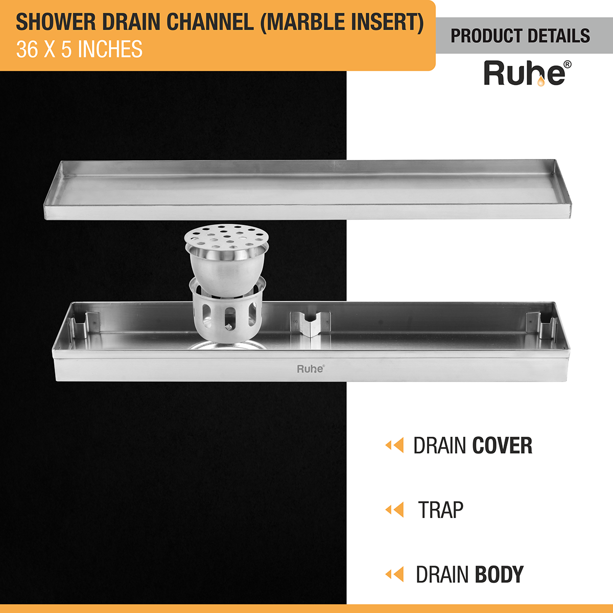 Marble Insert Shower Drain Channel (36 x 5 Inches) with Cockroach Trap (304 Grade) - by Ruhe®