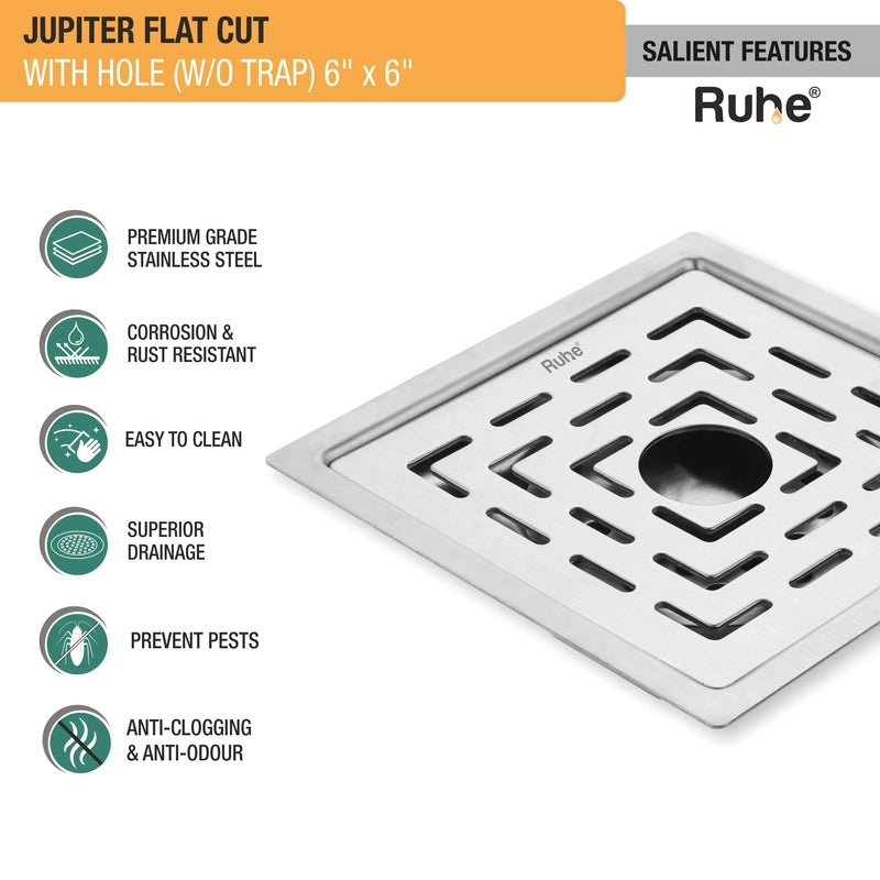 Jupiter Square Premium Flat Cut Floor Drain (6 x 6 Inches) with Hole - by Ruhe
