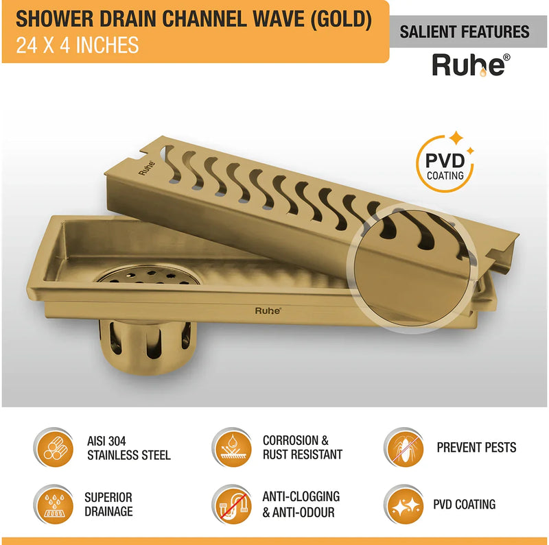 Wave Shower Drain Channel (24 x 4 Inches) YELLOW GOLD PVD Coated - by Ruhe