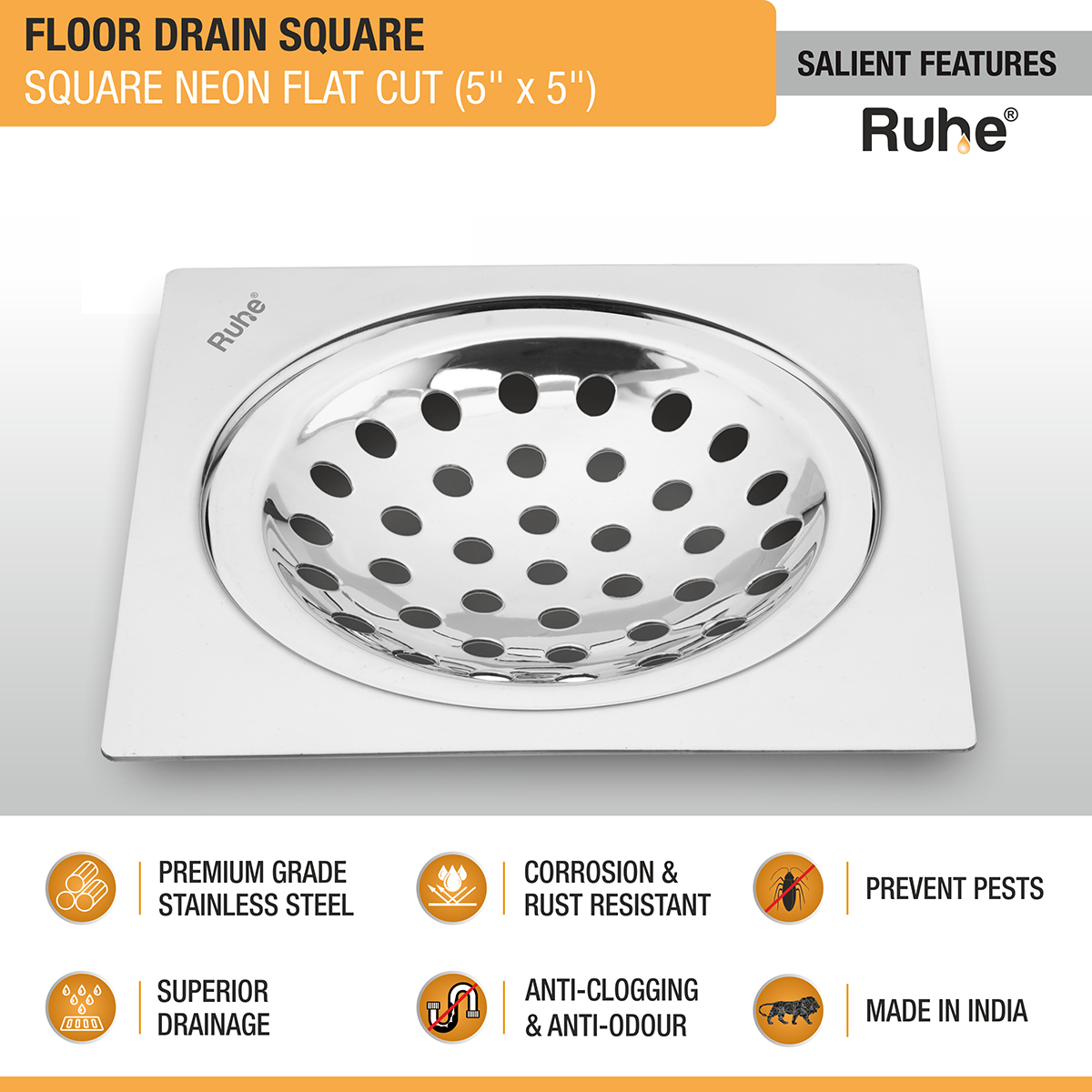 Square Neon Floor Drain Flat Cut  (5 x 5 inches) - by Ruhe®