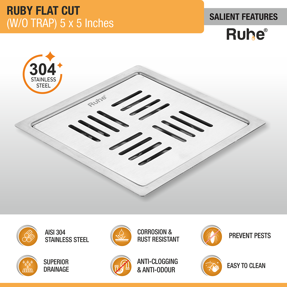 Ruby Square Flat Cut 304-Grade Floor Drain (5 x 5 Inches) features and benefits