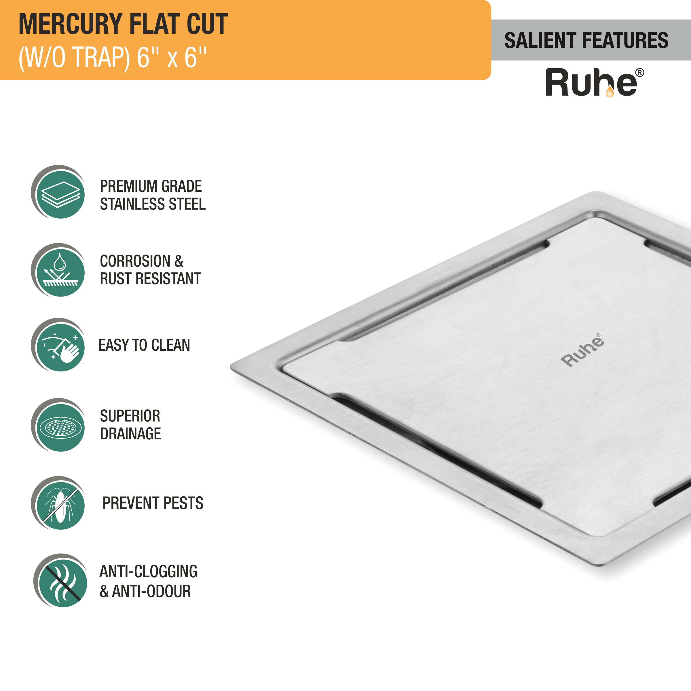 Mercury Square Premium Flat Cut Floor Drain (6 x 6 Inches) features