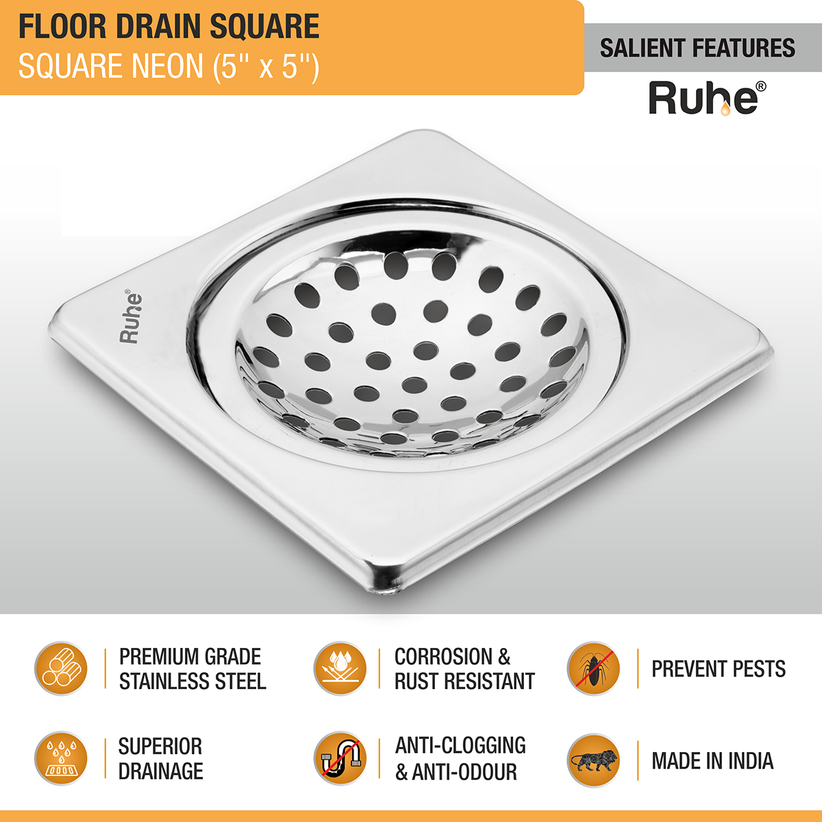 Neon Square Floor Drain (5 x 5 Inches) -  by Ruhe®