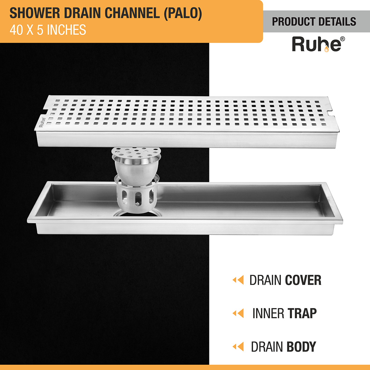 Palo Shower Drain Channel (40 x 5 Inches) with Cockroach Trap (304 Grade) - by Ruhe®