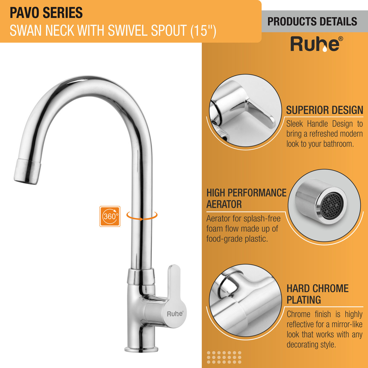 Pavo Swan Neck with Medium (15 inches) Round Swivel Spout Faucet details