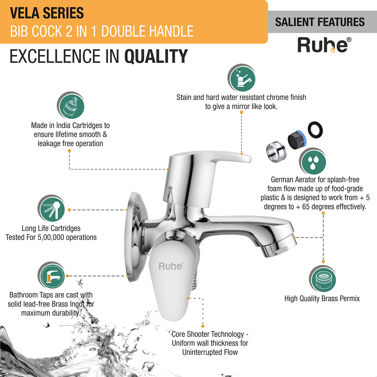 Vela Two Way Bib Tap Brass Faucet (Double Handle) - by Ruhe®