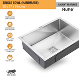 Handmade Single Bowl Premium Kitchen Sink (20 x 17 x 9 Inches) features