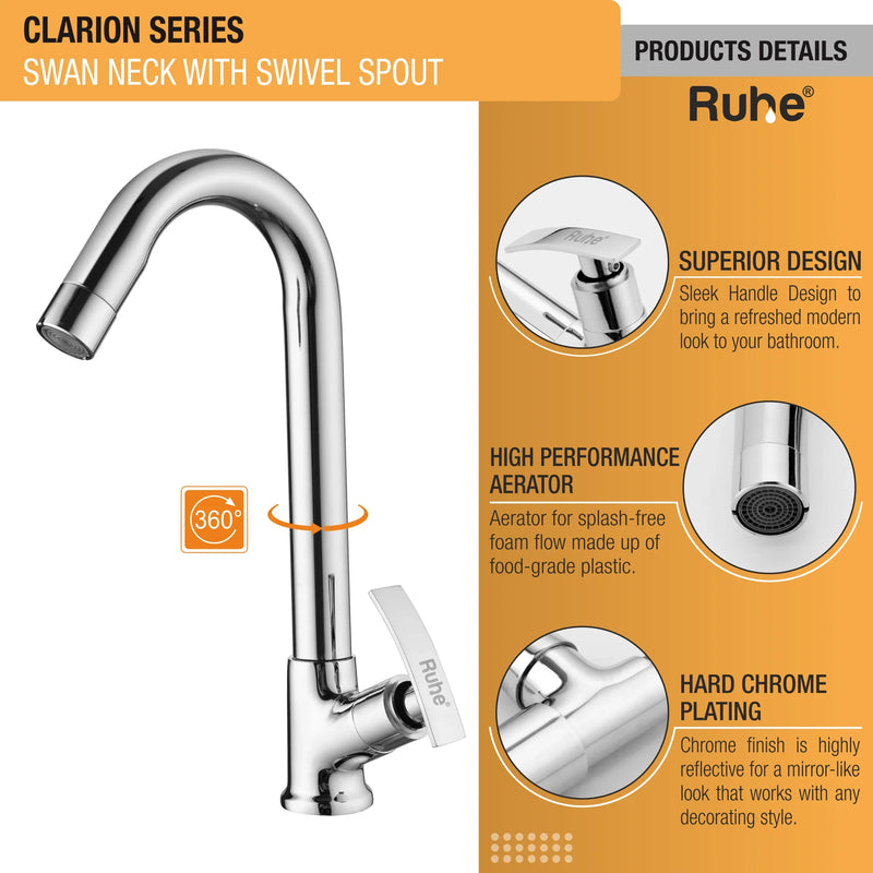 Clarion Swan Neck Brass Faucet with Medium (12 inches) Round Swivel Spout - by Ruhe