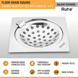 Neon Square Flat Cut Floor Drain (6 x 6 inches) with Hinged Grating Top features