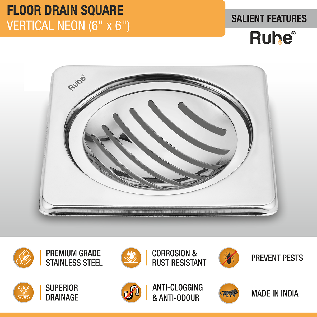 Vertical Neon Square Floor Drain (6 x 6 inches)- by Ruhe ®