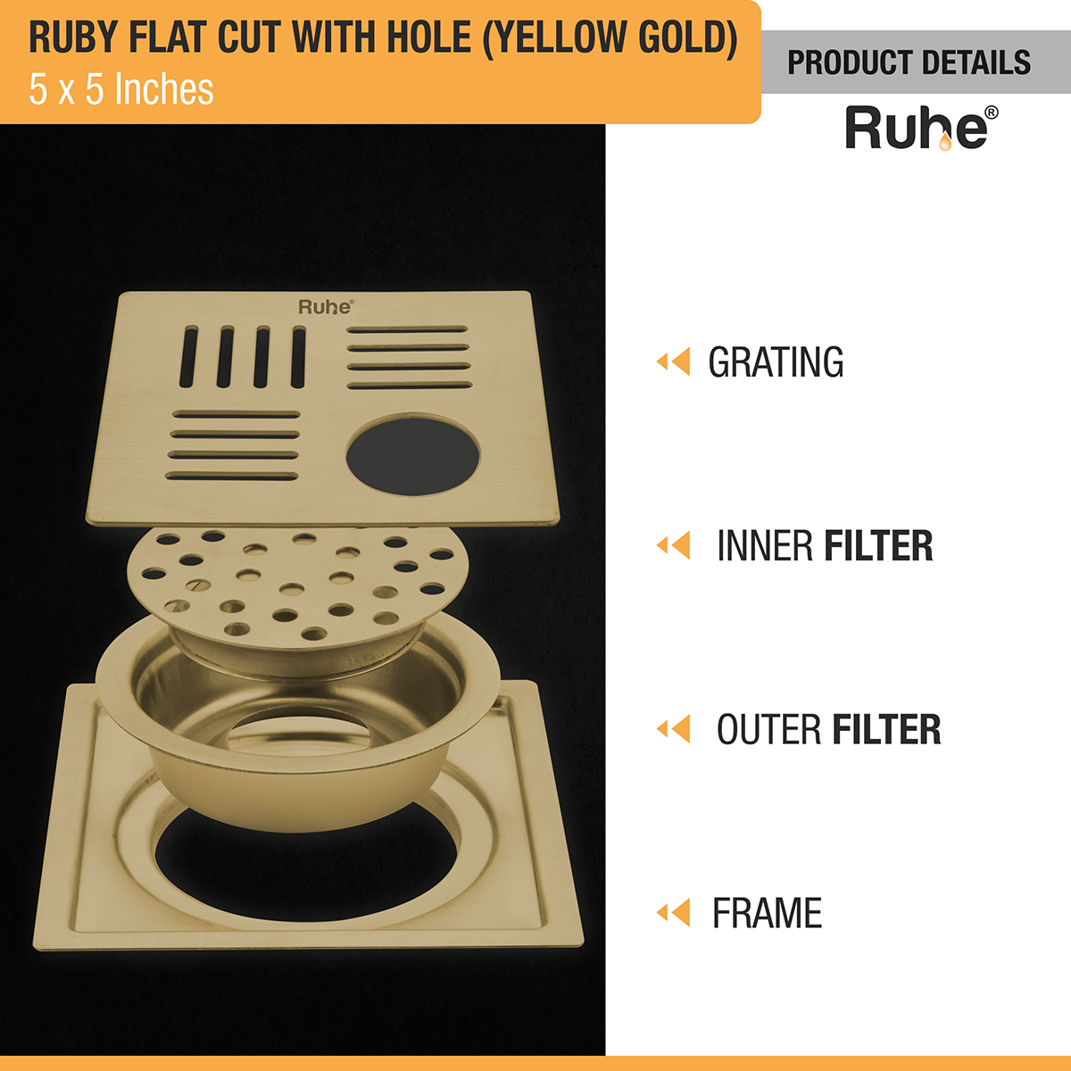 Ruby Square Flat Cut Floor Drain in Yellow Gold PVD Coating (5 x 5 Inches) with Hole - by Ruhe®