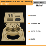 Ruby Square Flat Cut Floor Drain in Yellow Gold PVD Coating (5 x 5 Inches) with Hole product details