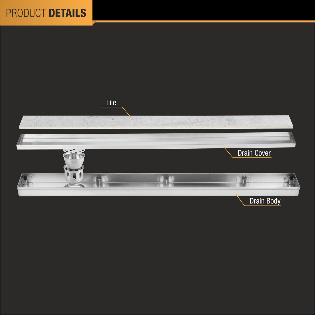 Tile Insert Shower Drain Channel (36 x 3 inches) with Cockroach Trap (304 Grade) - by Ruhe®