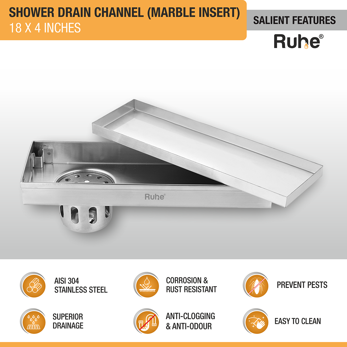 Marble Insert Shower Drain Channel (18 x 4 Inches) with Cockroach Trap (304 Grade) - by Ruhe®