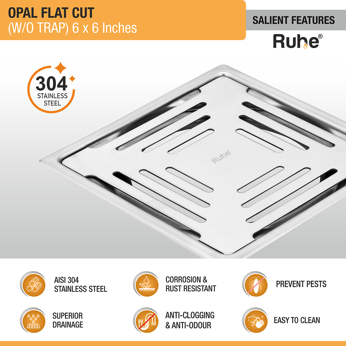 Opal Square Flat Cut 304-Grade Floor Drain (6 x 6 Inches) features and benefits
