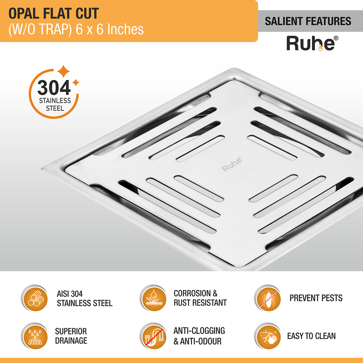 Opal Square Flat Cut 304-Grade Floor Drain (6 x 6 Inches) - by Ruhe®