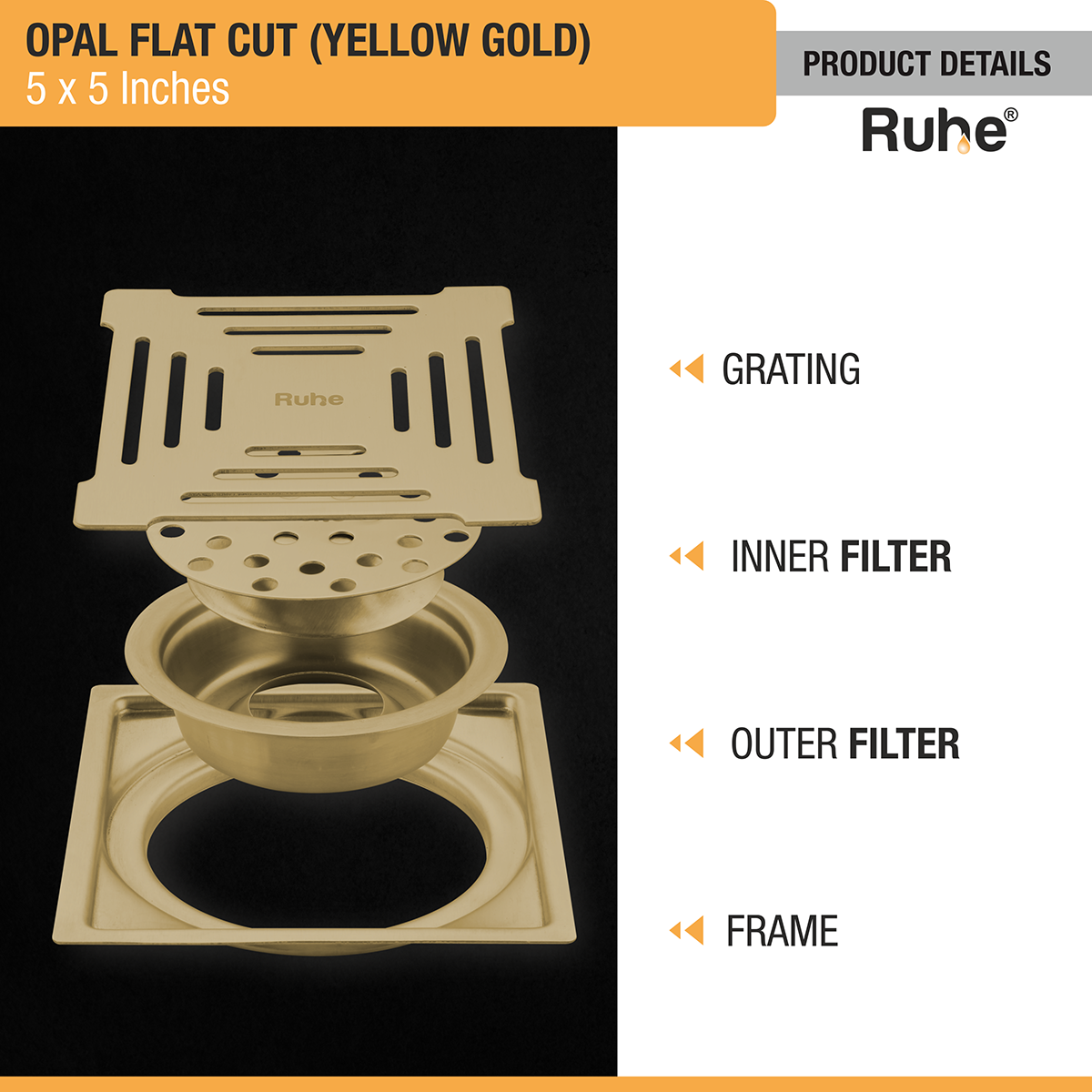 Opal Square Flat Cut Floor Drain in Yellow Gold PVD Coating (5 x 5 Inches) product details
