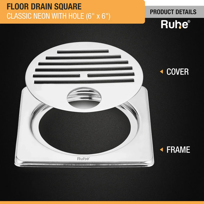Classic Neon with Collar Square Floor Drain (6 x 6 inches) with Hole - by Ruhe