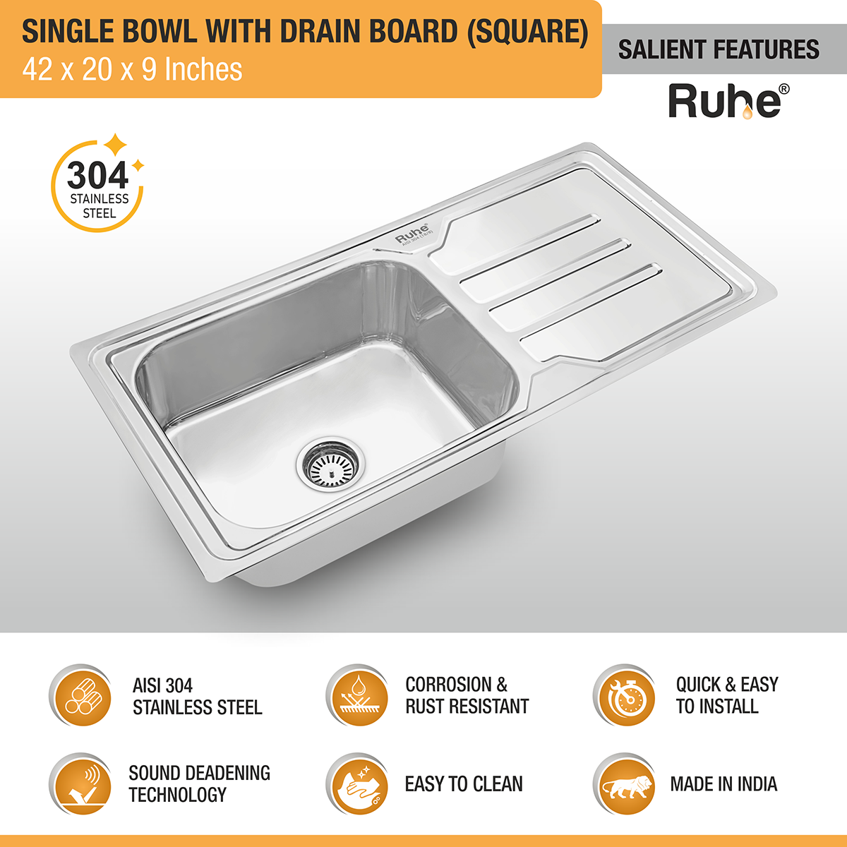 Square Single Bowl with Drainboard 304-grade (42 x 20 x 9 inches) Kitchen Sink - by Ruhe