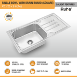 Square Single Bowl (42 x 20 x 9 Inches) 304-Grade Stainless Steel Kitchen Sink with Drainboard features and benefits