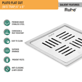 Pluto Square Premium Flat Cut Floor Drain (6 x 6 Inches) features