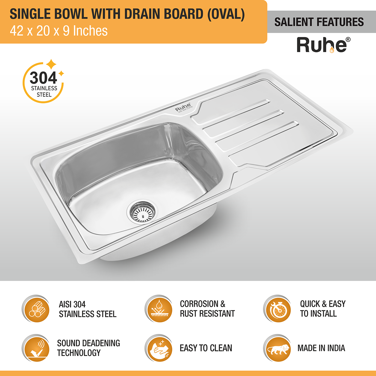 Oval Single Bowl (42 x 20 x 9 inches) 304-Grade Stainless Steel Kitchen Sink with Drainboard features and benefits