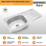 Oval Single Bowl (42 x 20 x 9 inches) 304-Grade Stainless Steel Kitchen Sink with Drainboard features and benefits