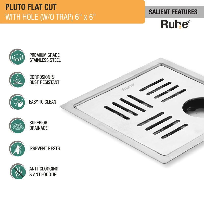 Pluto Square Premium Flat Cut Floor Drain (6 x 6 Inches) with Hole - by Ruhe