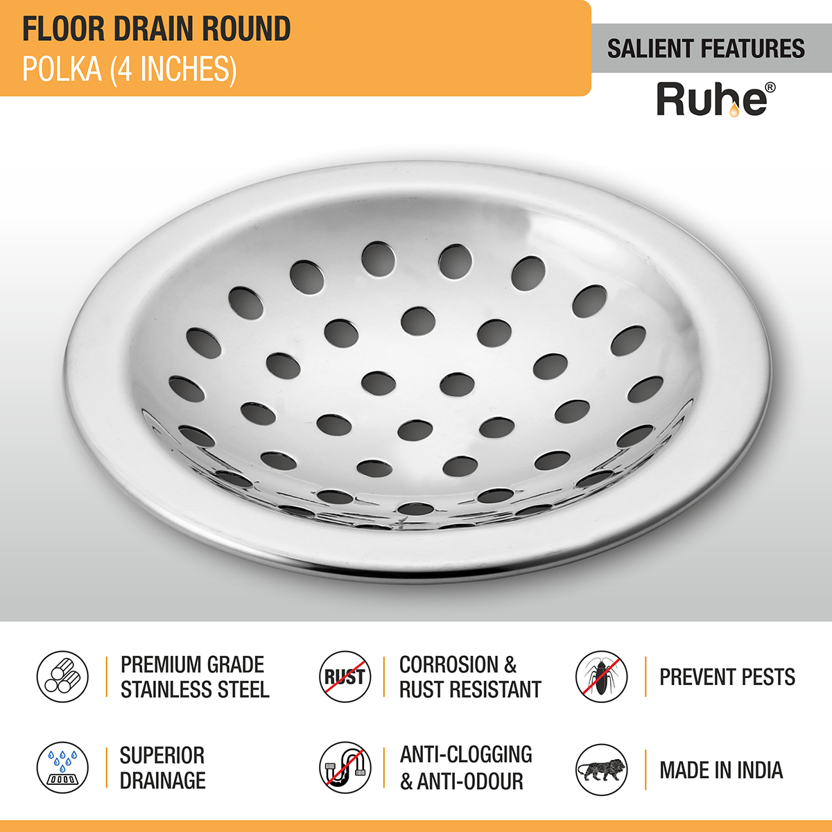 Polka Round Floor Drain (4 Inches) (Pack of 4) - by Ruhe®