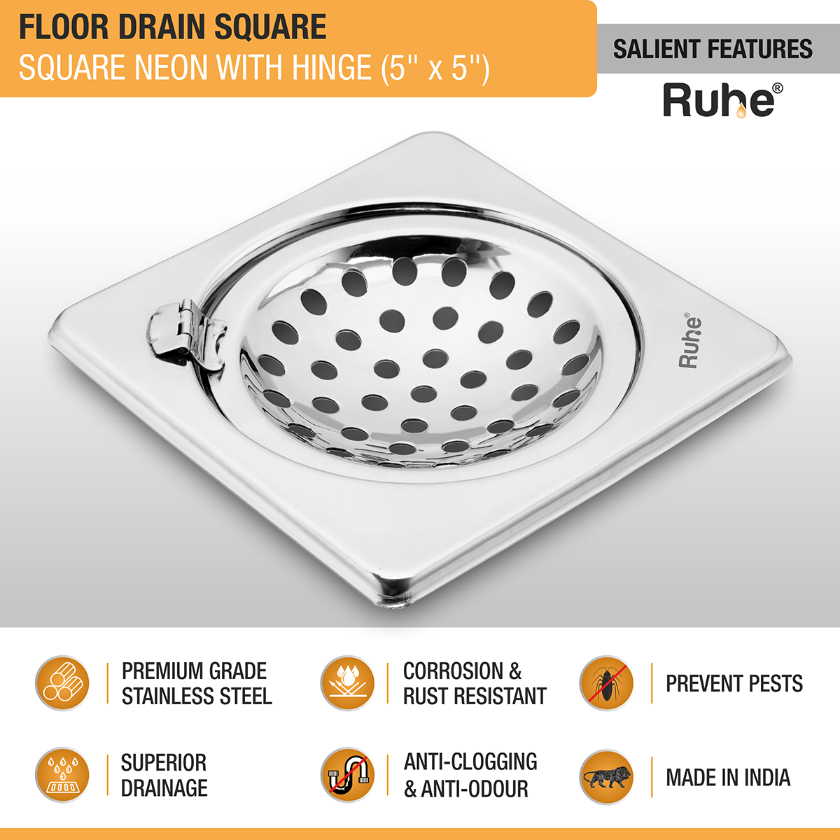 Square Neon Floor Drain (5 x 5 inches) with Hinged Grating Top - by Ruhe®