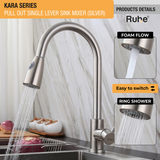 Kara Pull-out Single Lever Table Mount Sink Mixer Faucet with Dual Flow (Silver) 304-Grade SS with foam flow & ring shower