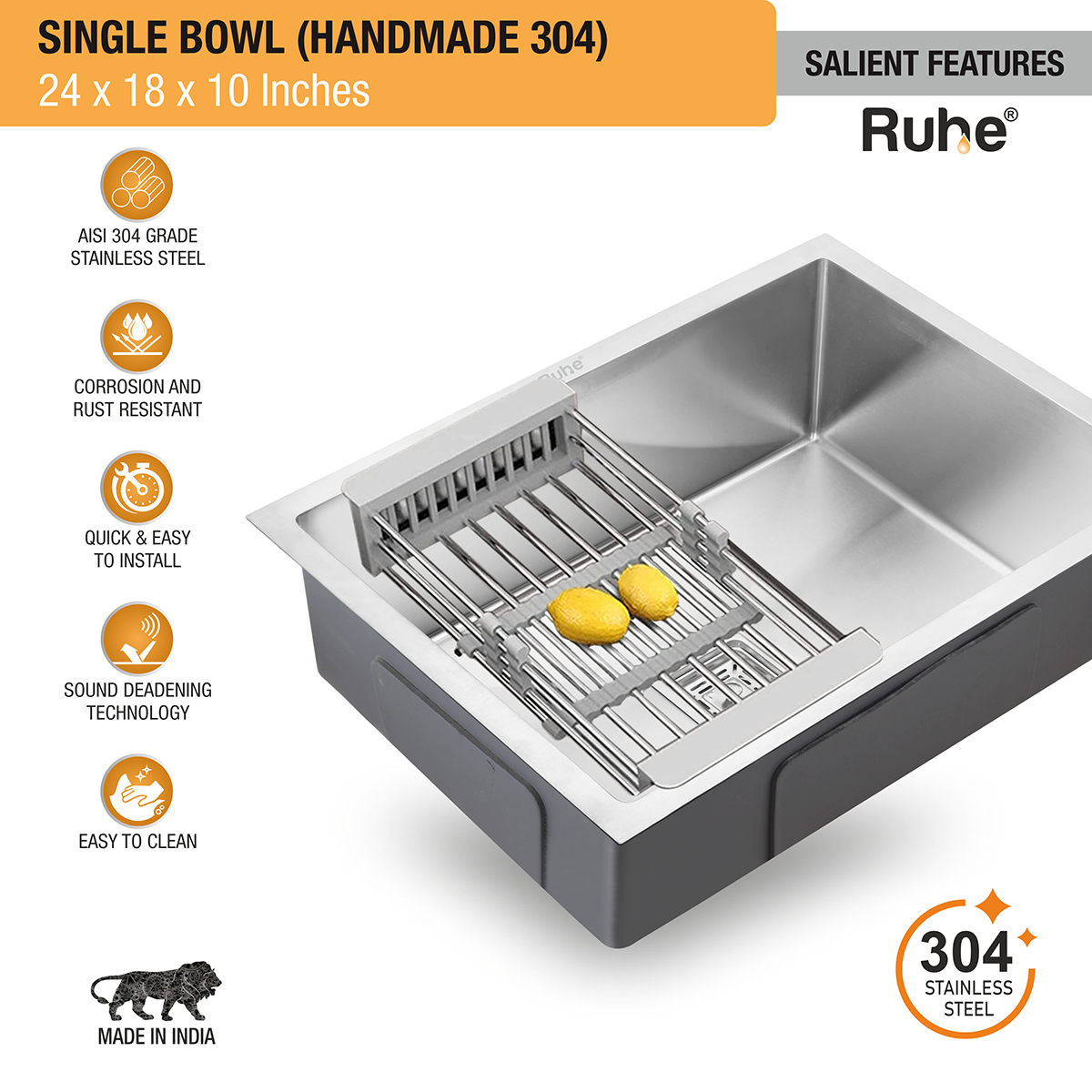 Handmade Single Bowl 304-Grade Kitchen Sink (24 x 18 x 10 Inches) features and benefits